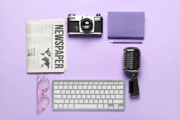 Frame Made Journalist Equipment Lilac Background — Stock Photo, Image