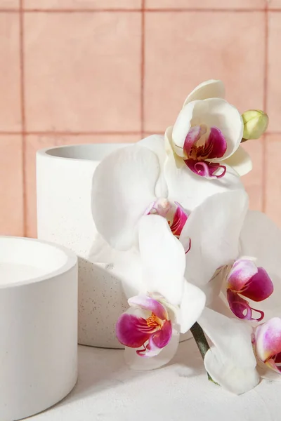 Decorative Plaster Podiums Beautiful Orchid Flowers White Table Tiled Wall — Stock Photo, Image