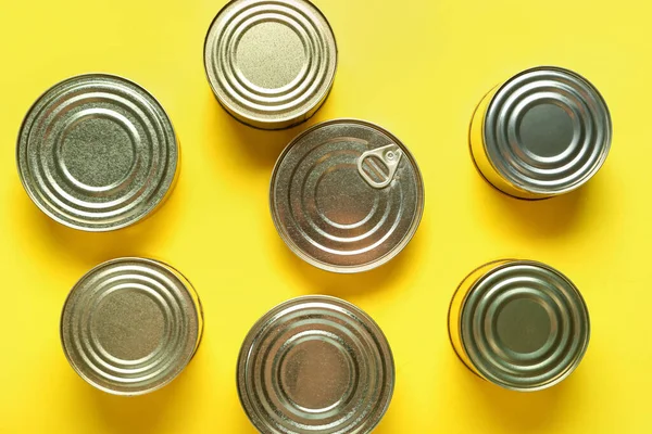 Assortment Tin Cans Fish Yellow Background — Stock Photo, Image