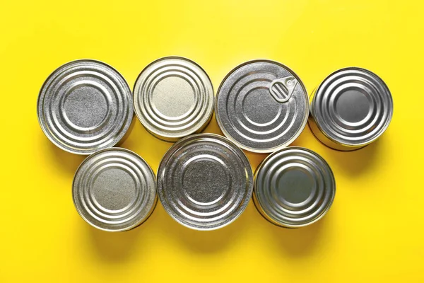 Assortment Tin Cans Fish Yellow Background — Stock Photo, Image