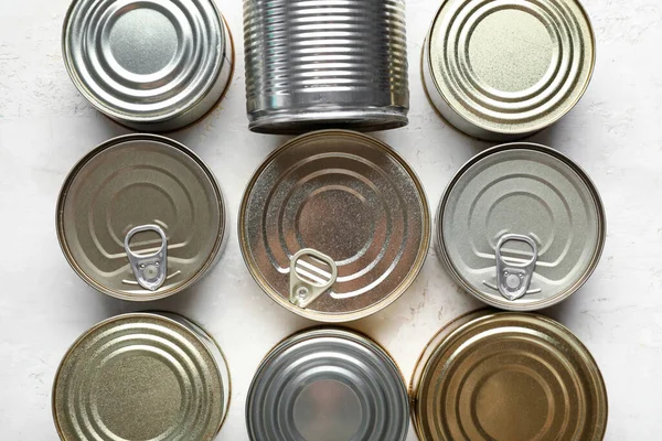 Assortment Tin Cans Fish White Table — Stock Photo, Image