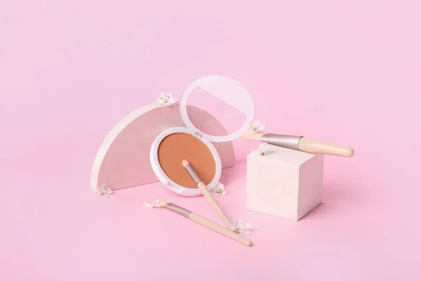 Decorative Plaster Podiums Cosmetic Brushes Powder Pink Background — Stock Photo, Image