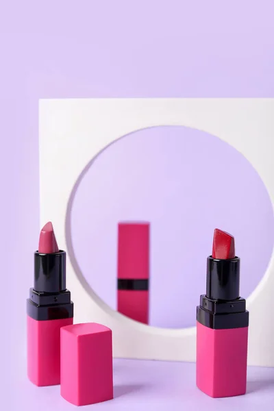 Decorative Plaster Figure Lipsticks Lilac Background — Stock Photo, Image