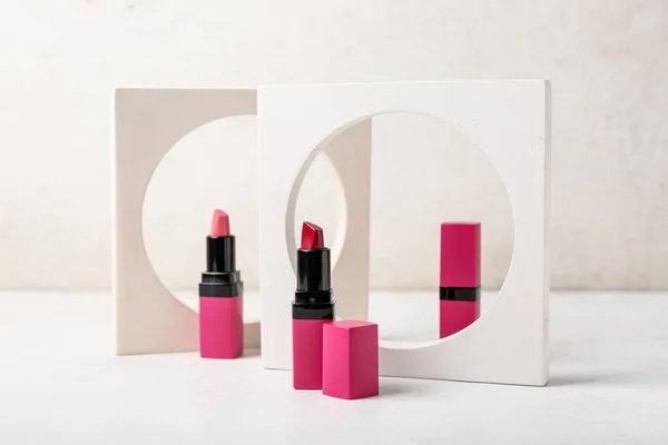 Decorative Plaster Figures Lipsticks White Table — Stock Photo, Image