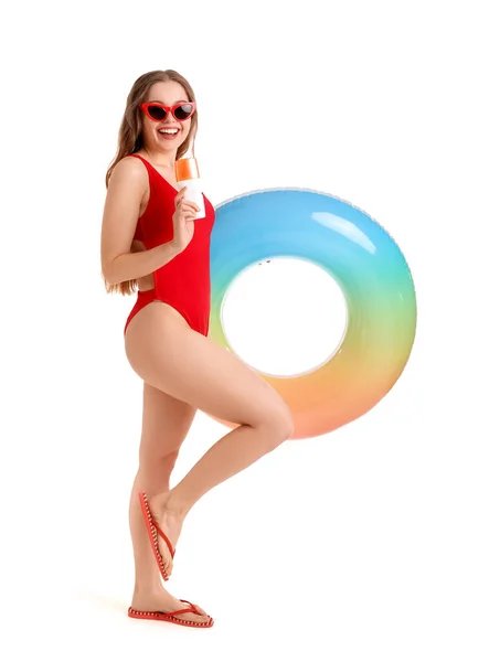 Beautiful Young Woman Sunscreen Cream Inflatable Ring White Background — Stock Photo, Image