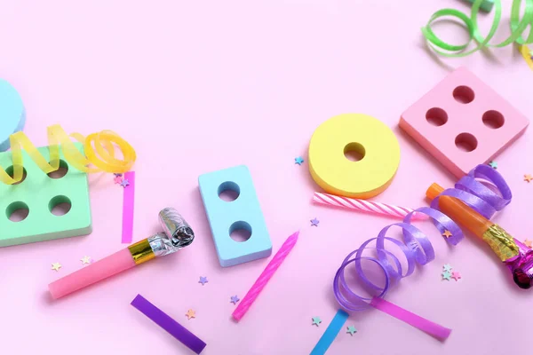 Baby Blocks Confetti Pink Background Children Day Celebration — Stock Photo, Image
