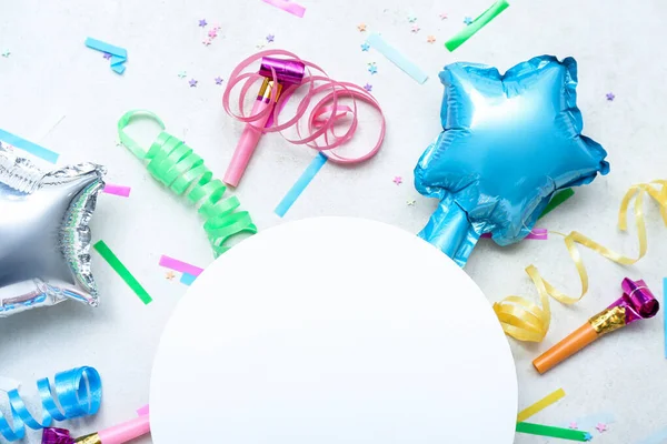 Composition Blank Card Balloons Confetti White Table Children Day Celebration — Stock Photo, Image