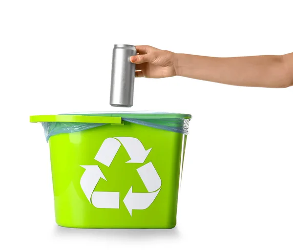 Woman Throwing Empty Can Trash Bin Isolated White Background — Stock Photo, Image