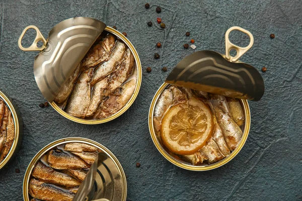 Opened Tin Cans Sprats Oil Black Table — Stock Photo, Image