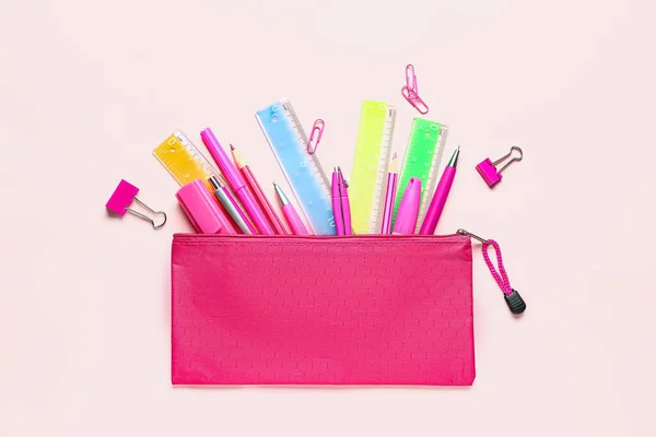 Colorful Stationery Supplies Pink Background — Stock Photo, Image