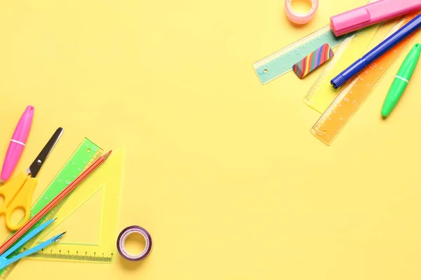 Colorful Stationery Supplies Yellow Background — Stock Photo, Image