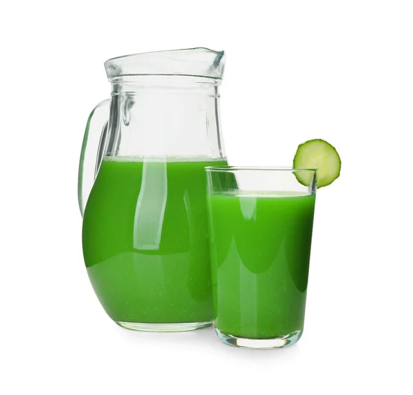 Glass Jug Tasty Green Juice Cucumber Slice White Background — Stock Photo, Image