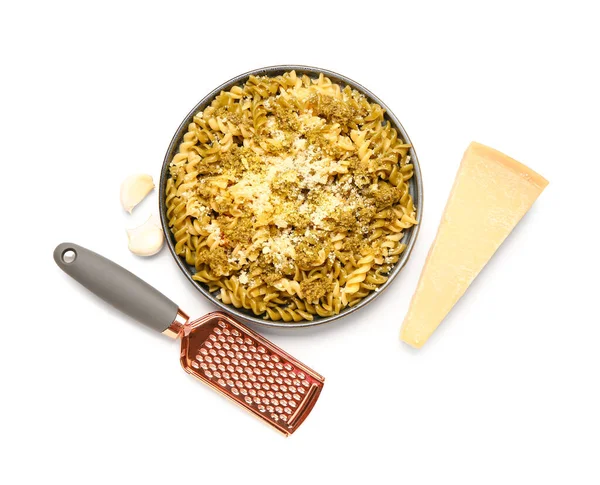 Plate Tasty Italian Pasta Parmesan Cheese Grater White Background — Stock Photo, Image
