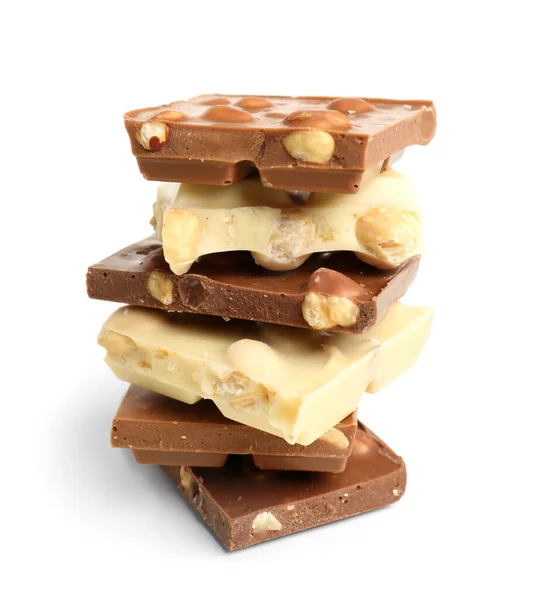 Chocolate Saboroso Diferente Com Nozes Fundo Branco — Fotografia de Stock