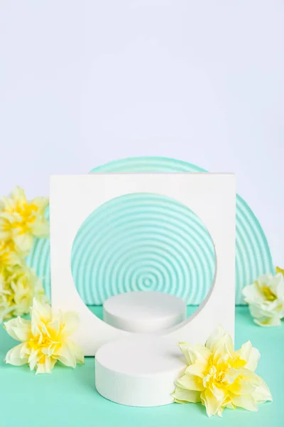 Decorative Plaster Podiums Flowers Turquoise Table White Background — Stock Photo, Image