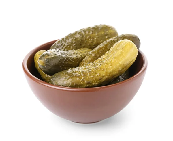 Bowl Tasty Fermented Cucumbers White Background — Stock Photo, Image
