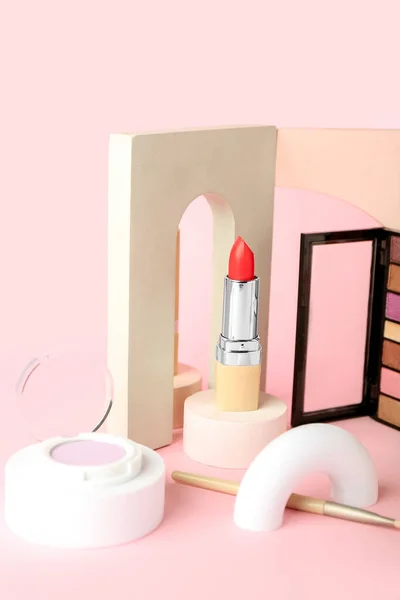 Decorative Plaster Podiums Cosmetics Pink Background — Stock Photo, Image