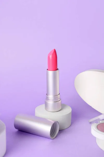 Decorative Plaster Podiums Cosmetics Lilac Background — Stock Photo, Image