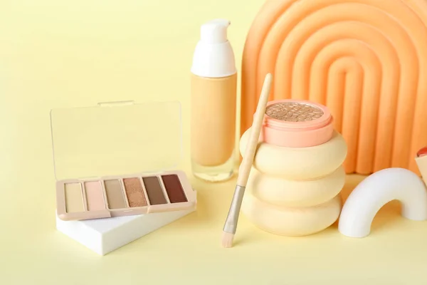 Decorative Plaster Podiums Cosmetics Yellow Background — Stock Photo, Image