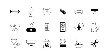 Beyaz arka planda veteriner kliniği veya evcil hayvan dükkanı web sitesi için simgeler