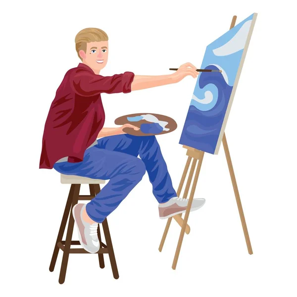 Male Artist Painting Picture White Background — Stock Vector