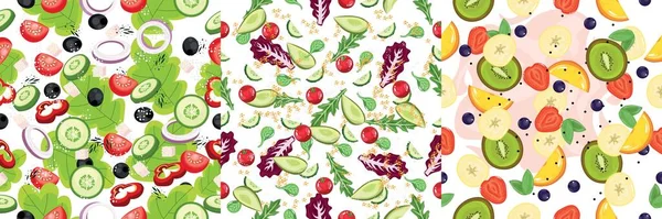 Nombreux Ingrédients Pour Différentes Salades Sur Fond Blanc Modèle Pour — Image vectorielle