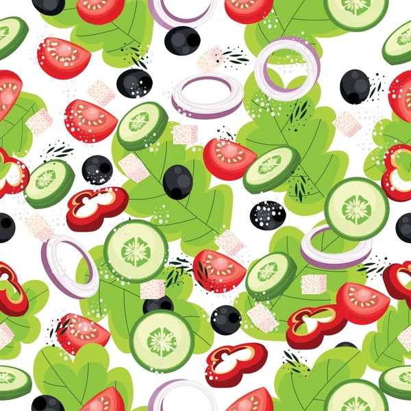 Nombreux Ingrédients Pour Salade Légumes Avec Fromage Feta Sur Fond — Image vectorielle