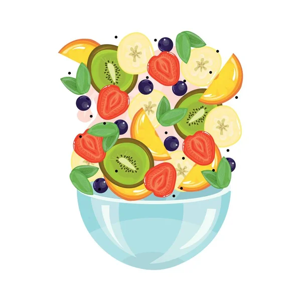 Tigela Salada Frutas Saborosa Fundo Branco — Vetor de Stock