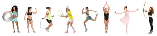 Set Different Sporty Women White Background — 图库照片