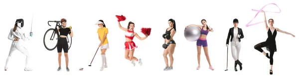 Set Different Sporty Women White Background — Zdjęcie stockowe