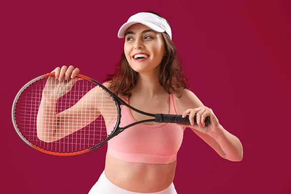 Young Woman Tennis Racket Pink Background — Stock Photo, Image