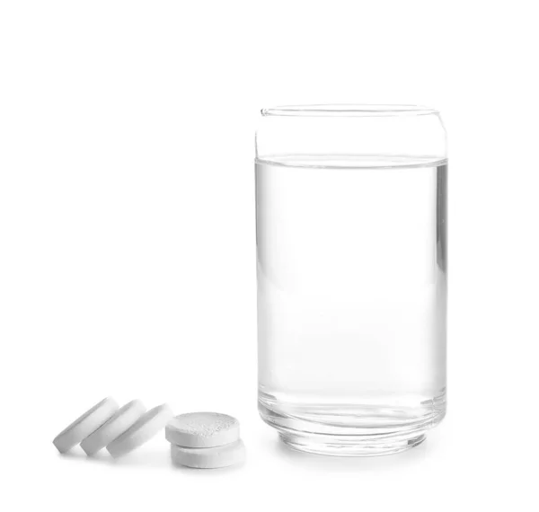 Vidro Água Comprimidos Efervescentes Isolados Sobre Fundo Branco — Fotografia de Stock