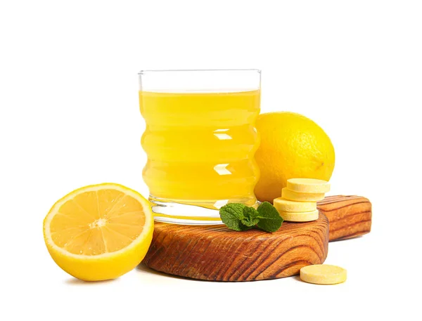 Tafel Mit Glas Vitamin Brausetablette Wasser Gelöst Und Zitrone Auf — Stockfoto