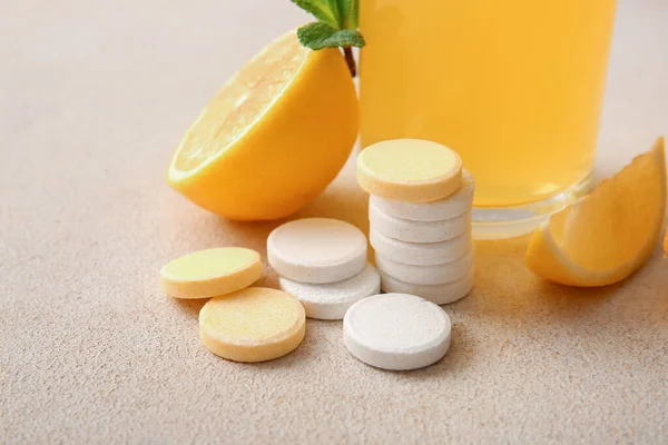 Vitamin Effervescent Tablets Lemons Beige Grunge Table — Stock Photo, Image