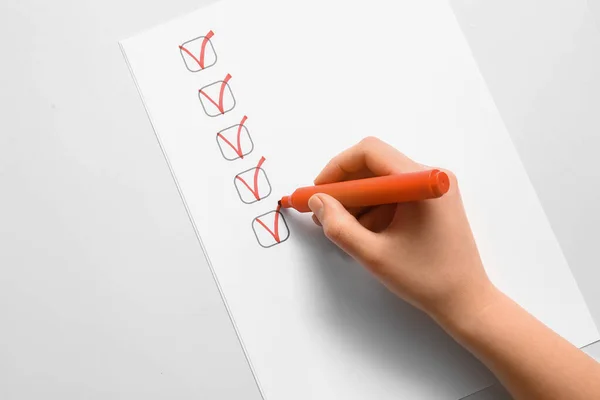 Woman Marking Checklist Box Orange Marker — Stock Photo, Image
