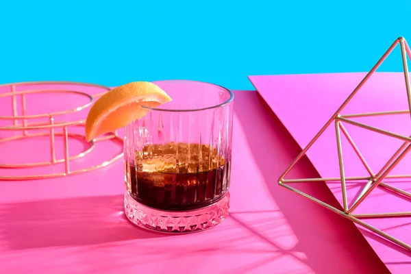 Glass Rum Grapefruit Slice Decorative Figures Colorful Background — Stock Photo, Image