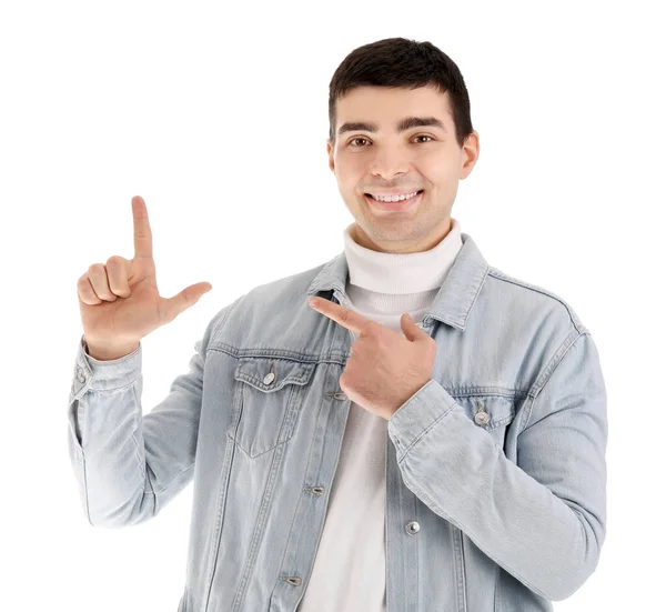 Νεαρός Δείχνει Αποτυχημένος Χειρονομία Λευκό Φόντο — Φωτογραφία Αρχείου