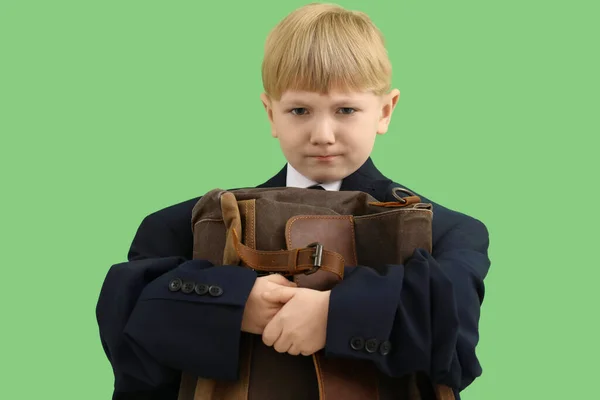 Funny Little Businessman Big Jacket Briefcase Green Background — Stock Photo, Image