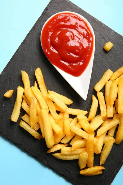 Slate Board Tasty French Fries Ketchup Color Background Closeup — Stock Photo, Image