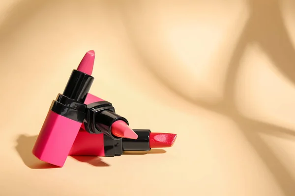 Set Beautiful Lipsticks Shadows Color Background — Stock Photo, Image