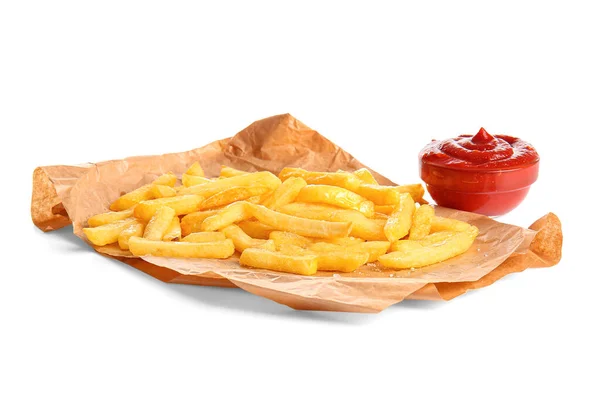 Papier Cuisson Avec Savoureuses Frites Ketchup Sur Fond Blanc — Photo