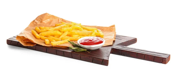 木制木板 上有美味的薯条和一碗番茄酱 背景是白色的 — 图库照片