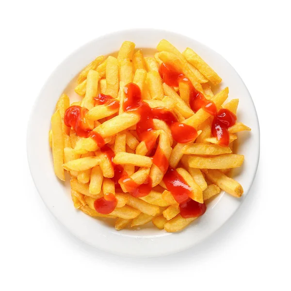 用白色背景隔离的法式薯条和番茄酱盘 — 图库照片