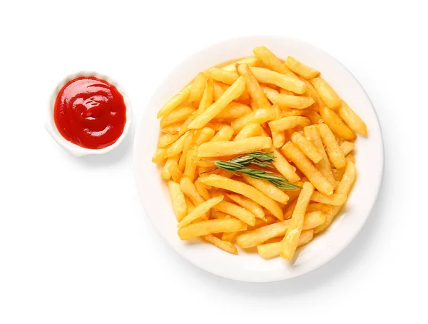 Plate Tasty French Fries Ketchup White Background — Stock Photo, Image