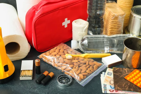 Necessities Emergency Bag Dark Table Closeup — Stock Photo, Image