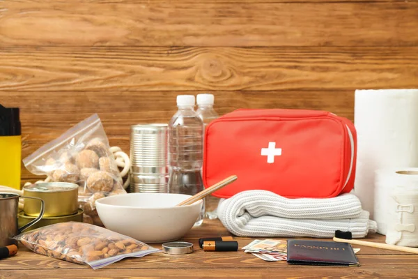 Necessities Emergency Bag Wooden Table — Stock Photo, Image