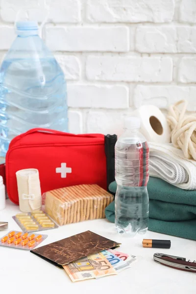 Necessities Emergency Bag White Table — Stock Photo, Image