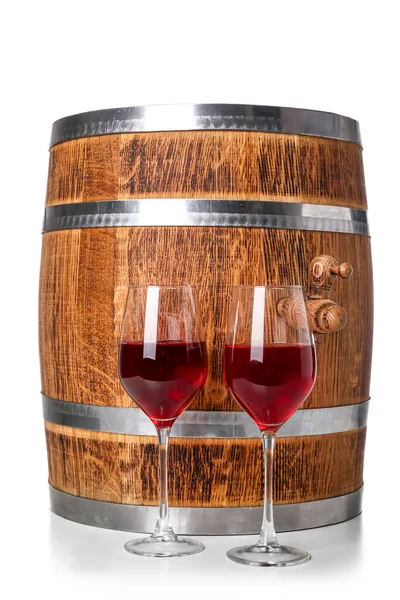 Wooden Barrel Glasses Wine Isolated White Background — Stock Photo, Image