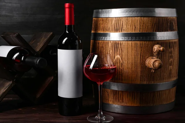 Oak Barrel Bottle Glass Wine Dark Wooden Background — Stock Photo, Image