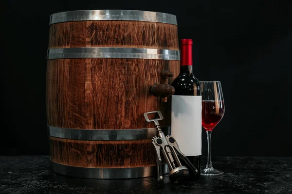 Wooden Barrel Corkscrew Bottle Glass Wine Dark Background — Stock Photo, Image